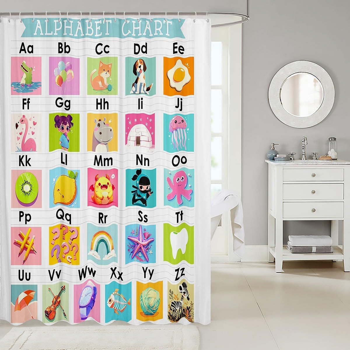 Feelyou Kids ABC Chart Bathroom Accessories Educational Bath Curtain Boys Girls Preschool Shower Curtain Learning Teens Bedroom Decor 72"x72" image 2
