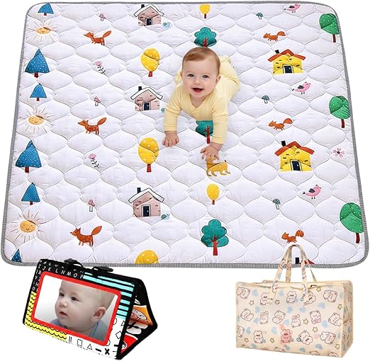 Zumy Tapis de Motricité Moelleux 109 x 109 cm avec Grand Miroir Interactif et Sac de Transport