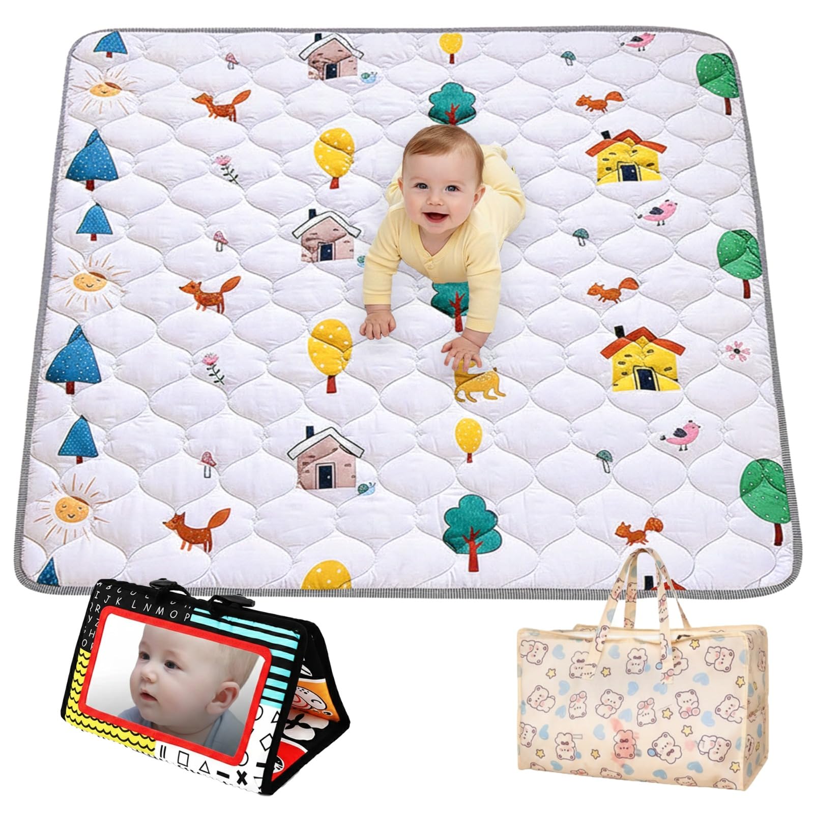 Tapis Bébé 109 × 109 cm – Tapis Éveil Bébé avec Miroir Interactif & Sac de Rangement | Matelas Ultra Doux, Très Épais, Antidérapant & Inodore – Idéal pour Tummy Time, Motricité & Éveil