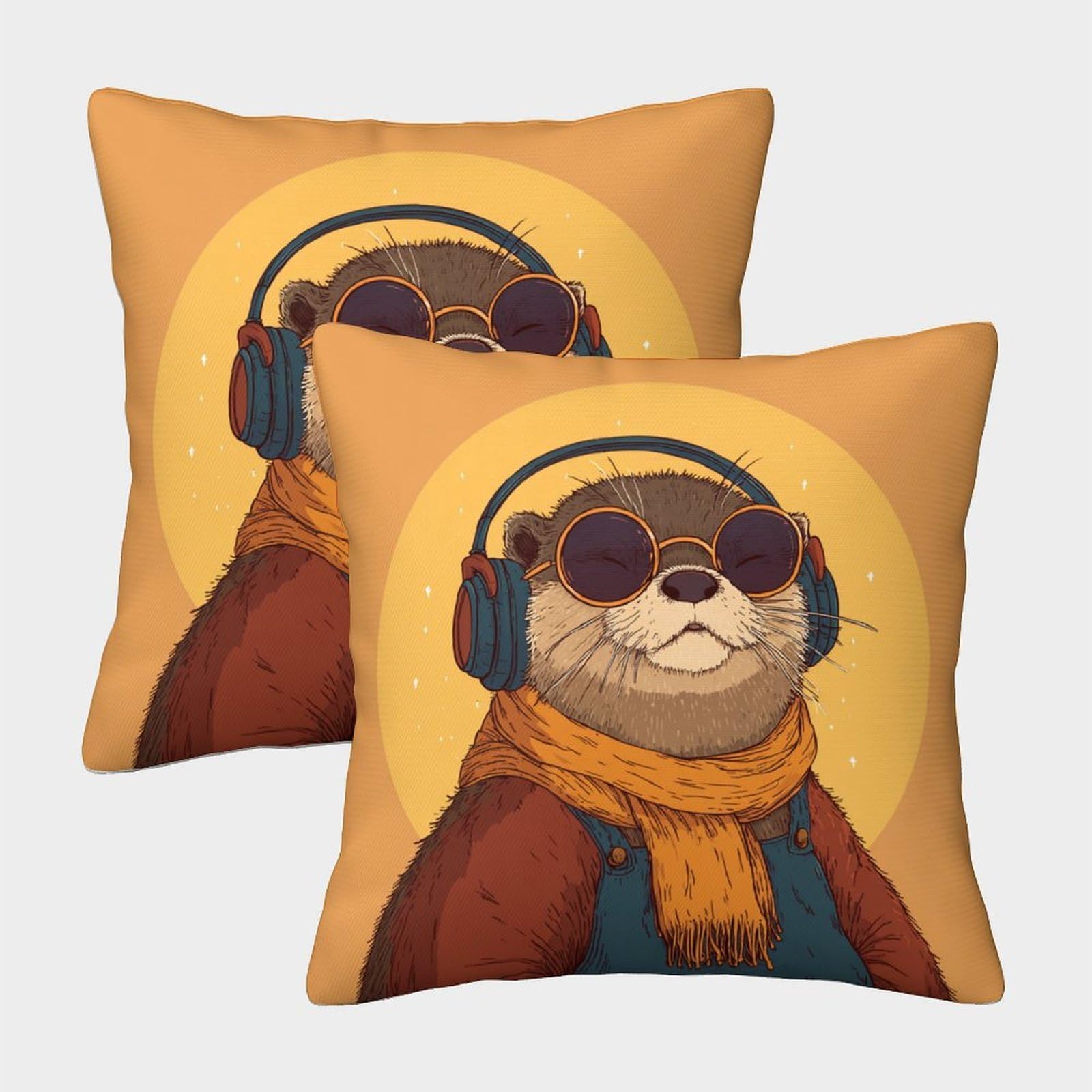 kaiyun 2 Pack The Otter Was Wearing Large Headphones And Round Sunglasses 3D Image Printed Single-sided Cushion Cover 50x50cm