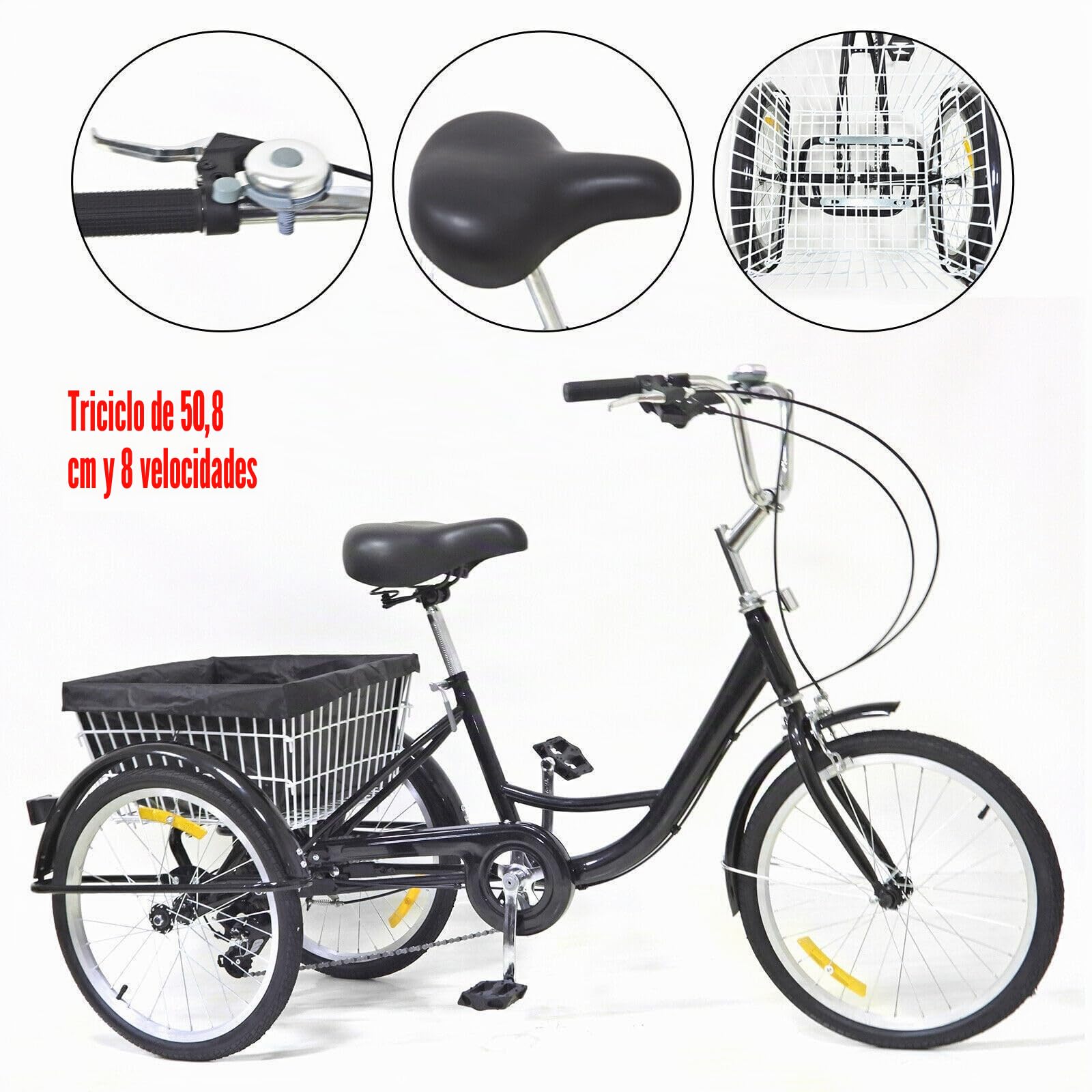 Triciclo para adultos con cesta de la compra, 3 ruedas, triciclo para adultos, lámpara de aluminio, cesta, cesta de la compra, portátil, 8 velocidades, 20/24 pulgadas