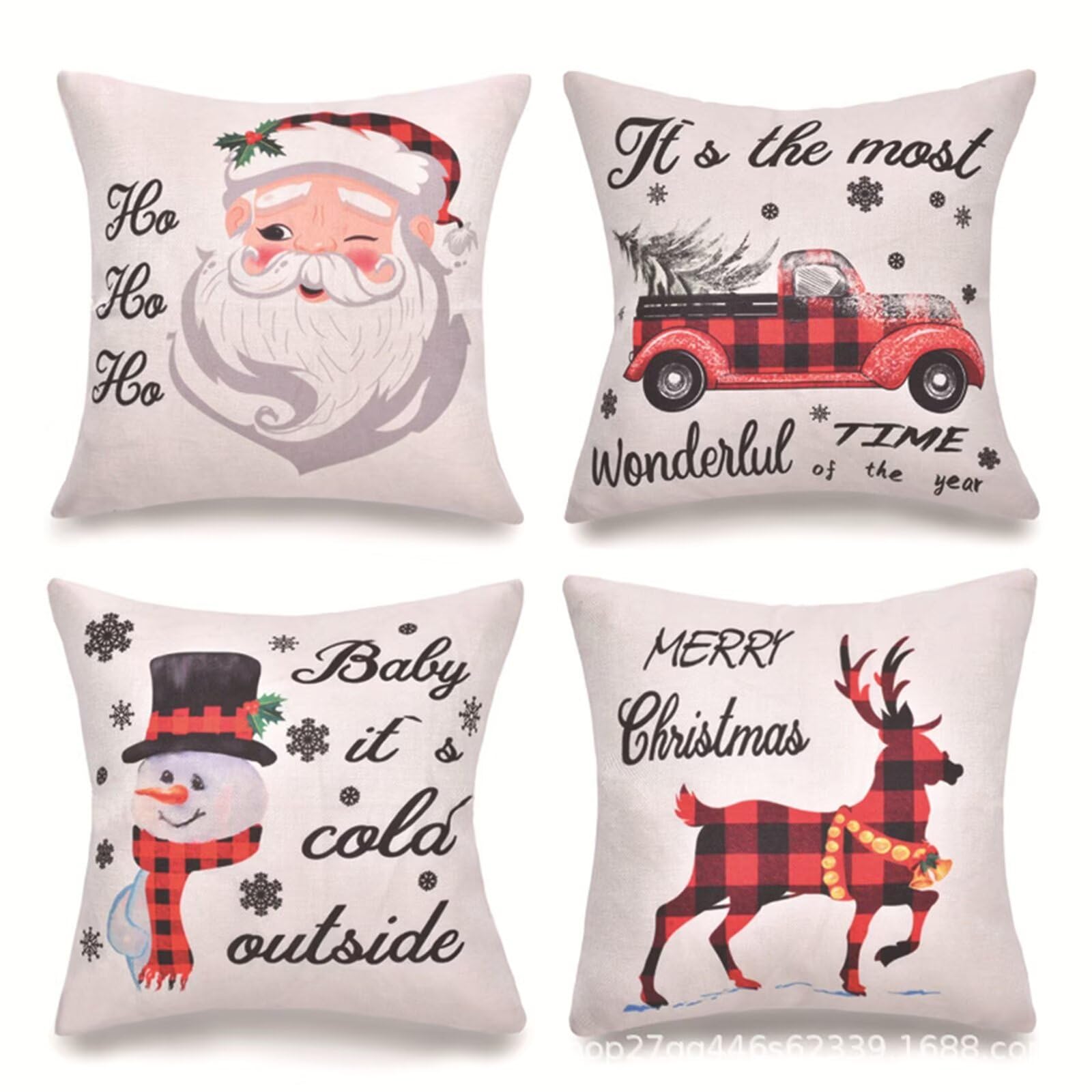 4 Pezzi Natalizi Cuscini per Divano, Natale Federe Cuscino Divano 60x60 CM Cervi di Babbo Natale, Natale Lino Copricuscini, Decorazione Natalizia per la Casa Addobbi Soggiorno Natalizie Decorativi
