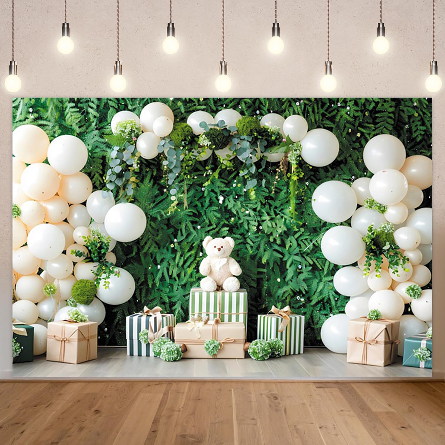 3 x 2,5 m zielone i neutralne tło urodzinowe, Lush Fern Wall Photography Background Cream Balloons Teddy Bear & Striped Gifts Rustic-Chic Party Theme Photo Studio Props
