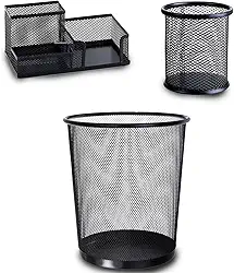 Kit Escritório em Metal com 3 Itens Lixeira, Organizador de Objetos e Porta Caneta