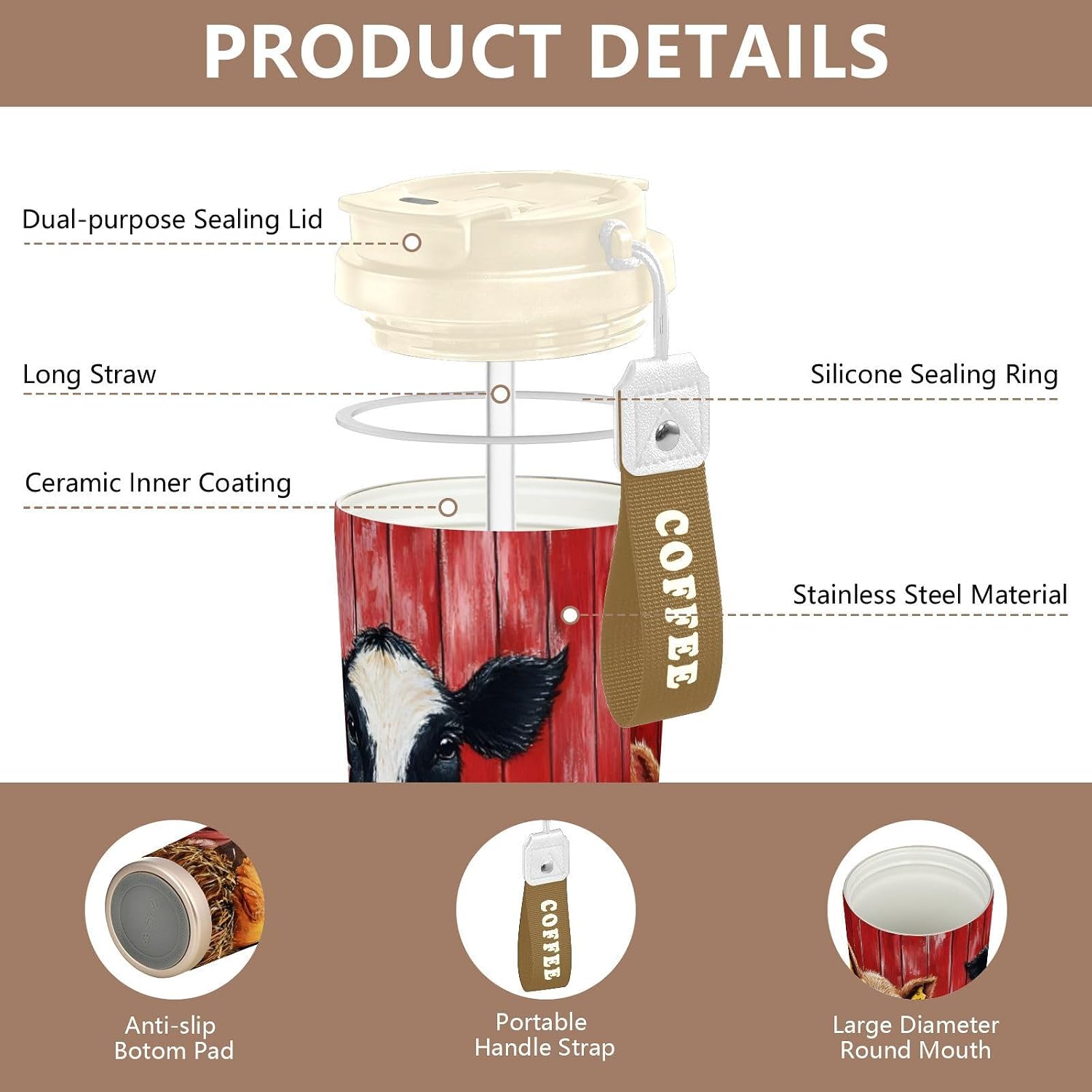 Animal Farm Board Insulated Coffee Mug with Straw & Flip Lid, 16.9oz Iced Tumbler Cup, Double Wall Vacuum Leak-Proof Mug for Travel Office