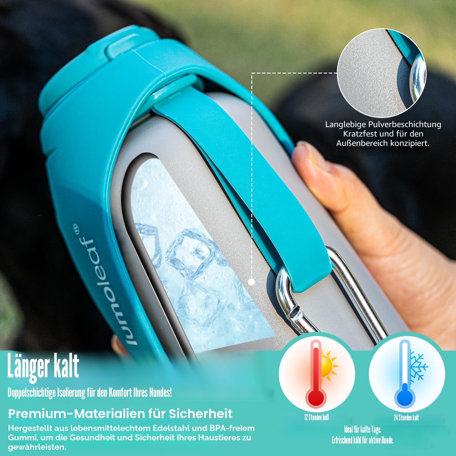 LumoLeaf Isolierte Edelstahl-Wasserflasche für Hunde, 800 ml – Hält Wasser stundenlang kühl oder warm, Langlebig & Tragbar für Reisen, Breite Öffnung für Einfaches Befüllen & Reinigen (Bleu, 800 ml)