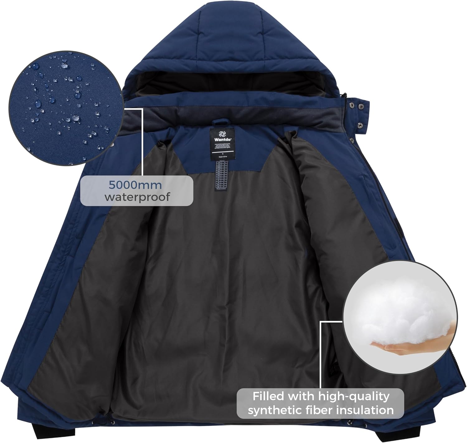 wantdo Men's Waterproof Winter Coat Warm Puffer Jacket with Removable Hood - Image 3