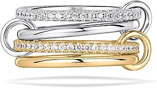 14K Gold Plated 4 Interlocking Stackable Rings Set with CZ Cubic Zirconia Gold & Silver Mixed Metals Multi-Link Connected Statement Bands for Women Hypoallergenic Non Tarnish Jewelry Gifts