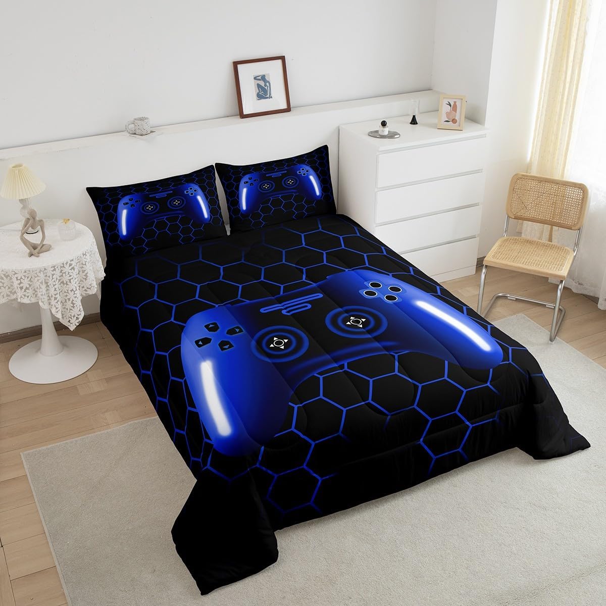 Erosebridal Gaming Bedding Sets for Boys Navy Blue Gamer Comforter Sets for Boys Teen Kids,Cool Video Game Black Honeycomb Bedding Comforter Sets,Geometric Checkered Blue Ombre Bed Set Queen Size