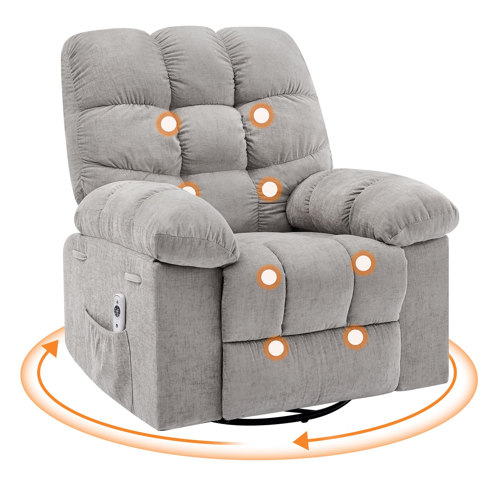 360° Swivel Rocking Recliner Chair with Vibration Massage &amp; Heat, Oversized Rocker Recliner with Side Pocket for Living Room, Bedroom, Nursery &amp; Small Spaces，Gray