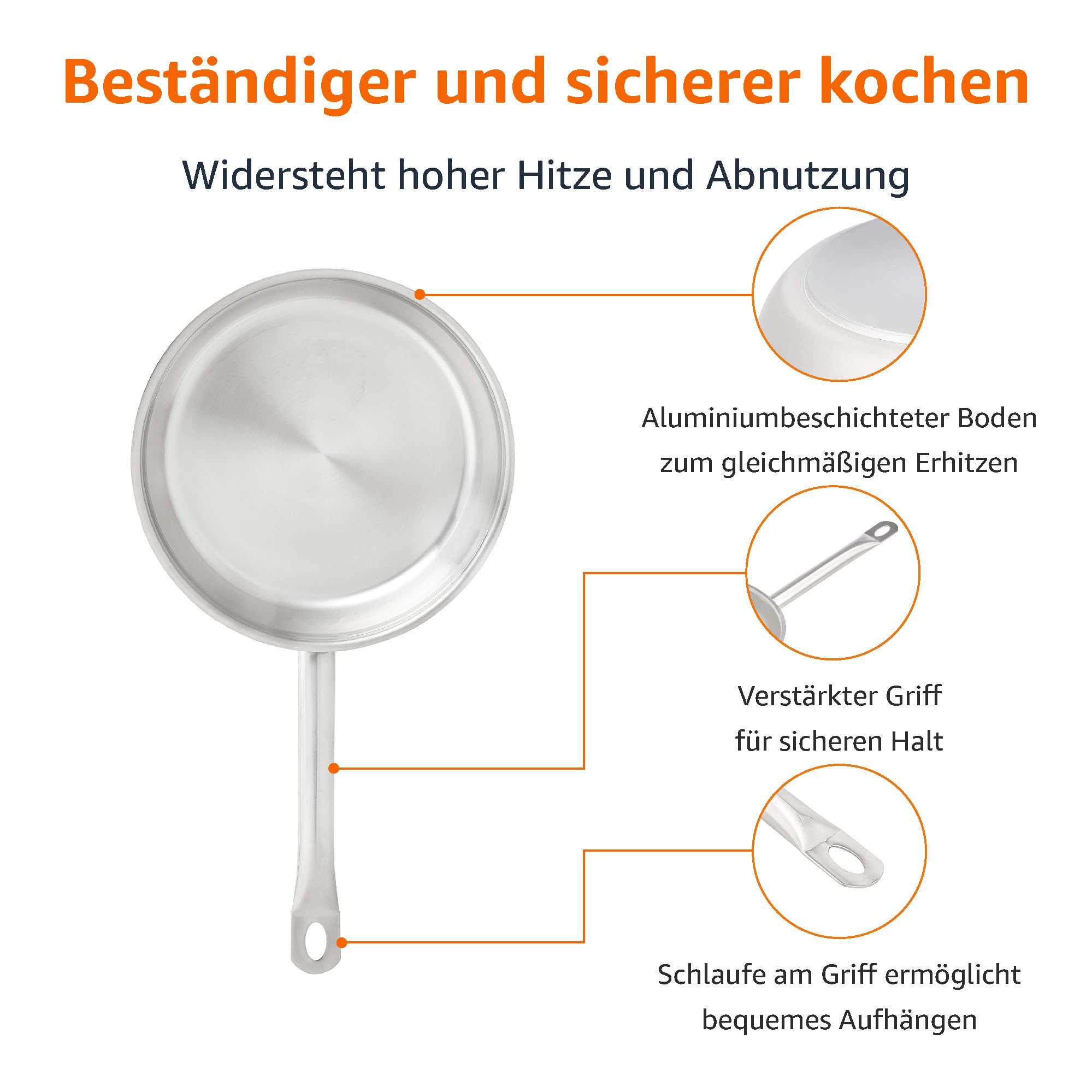 Amazon Basics Bratpfannen-Set, Edelstahl, aluminiumbeschichtet, ofenfest, spülmaschinenfest, mit 20 cm, 24 cm und 30 cm großen Pfannen, 3-teilig, Silber