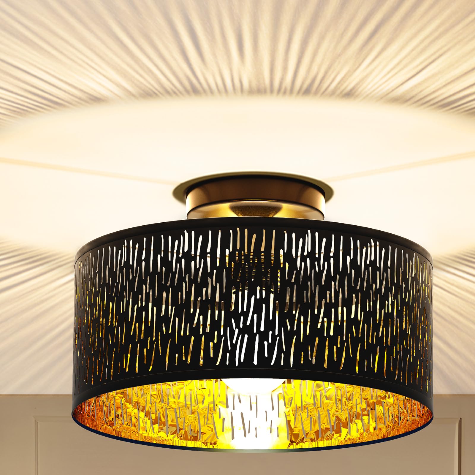 FRIDEKO HOME Deckenlampe Schwarz Durchbrochener Rund Ø30cm Deckenleuchte | E27 One Flammige Lampenschirm Lampe für Schlafzimmer Wohnzimmer Küche Flur