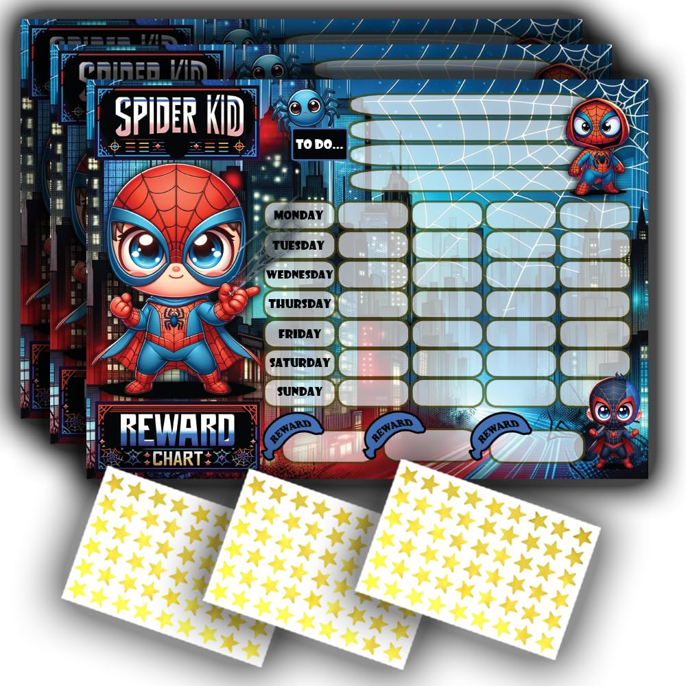 3 Pack Good Behaviour - Superhero - Spider Kid Themed Reward Chart - 300 Gold Star Stickers - Early Learning & Routine