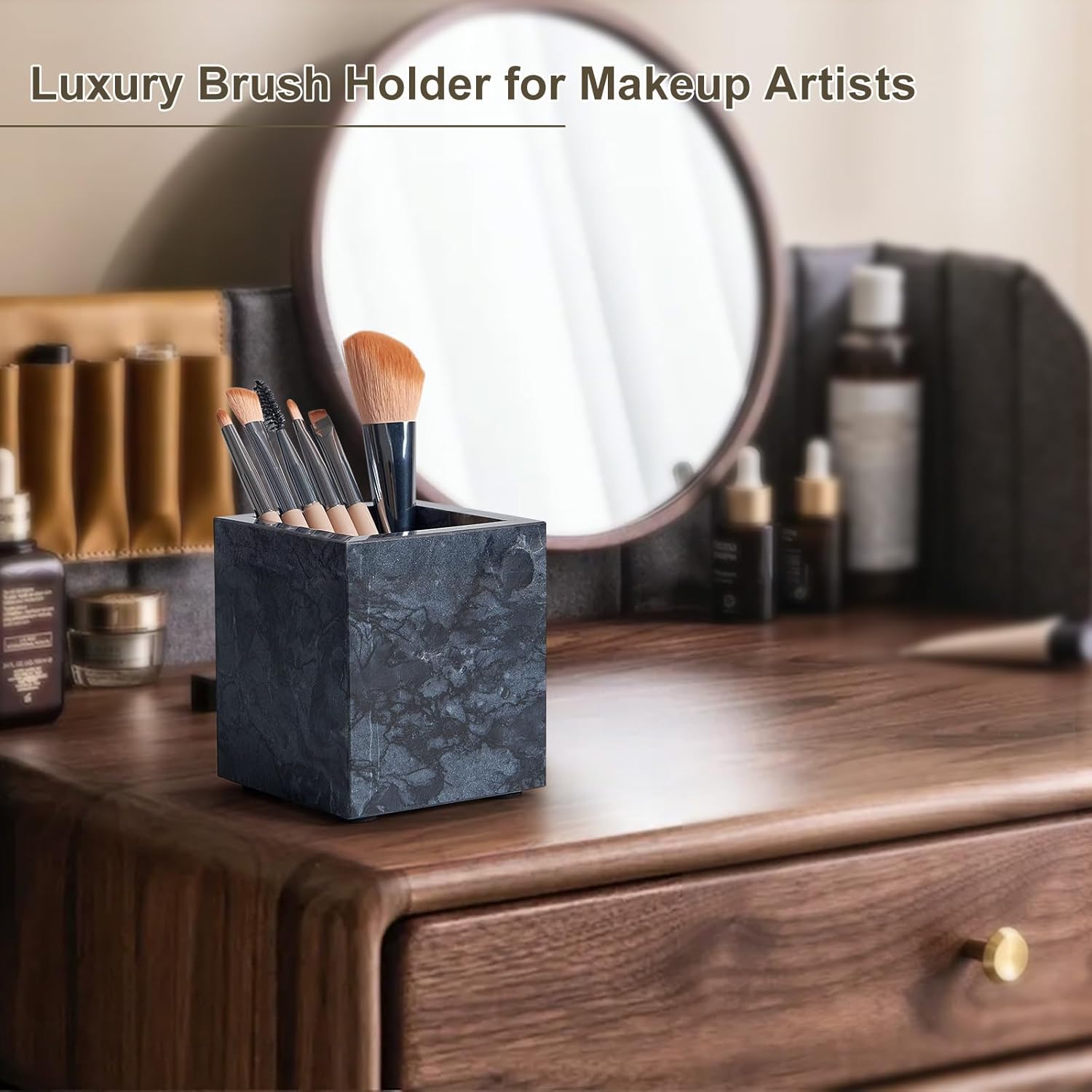 Scalloped Marble Tray and Holder Set - Coordinated Bathroom Vanity Organizer for Jewelry, Cosmetics, Toothbrush, Pens | Decorative Stone Tray with Non-Slip Pads