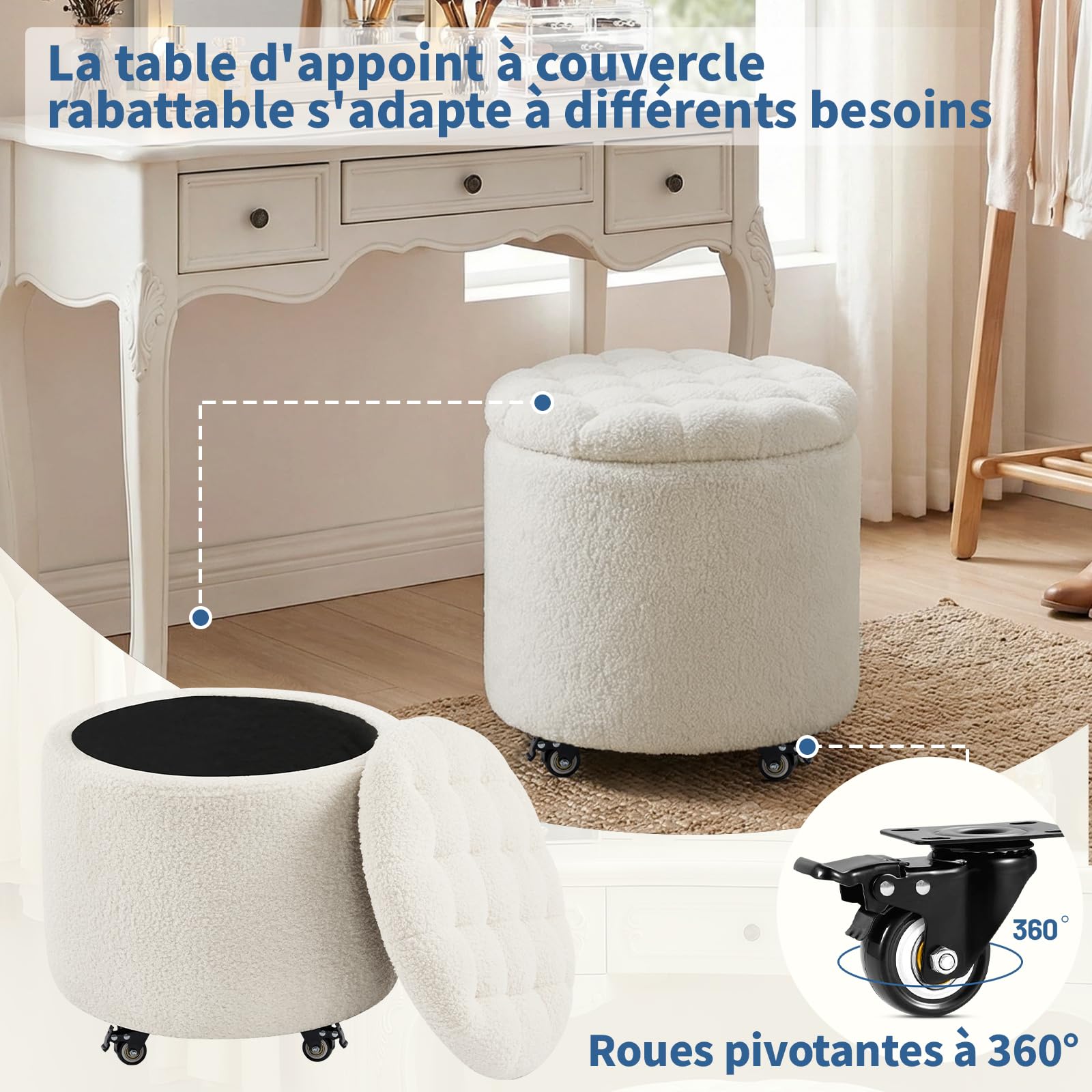 Pouf Rangement avec roulettes, 48cm Tabouret Rond avec Rangement, Tabouret Coiffeuse avec Assise Rembourrée et Couvercle Amovible pour Salon, Chambre ou Salle à Manger, Sherpa, Blanc