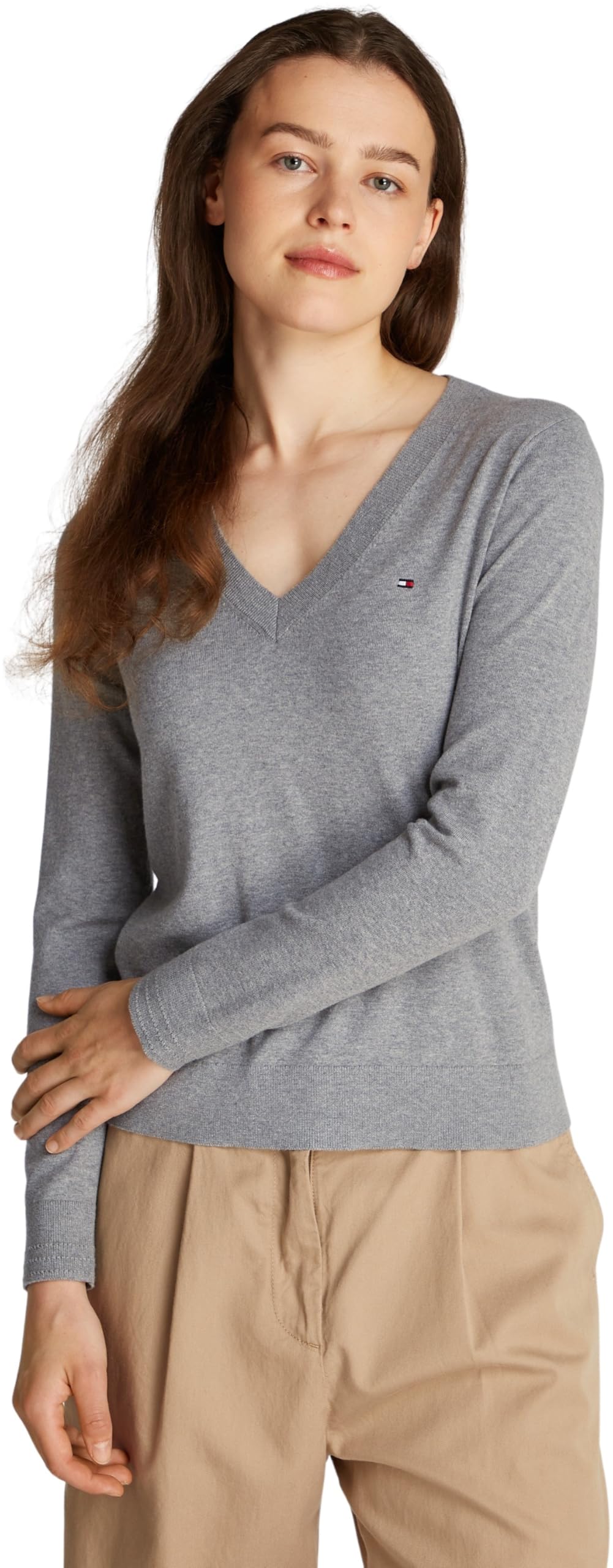 Tommy Hilfiger Women's V-Neck Jersey Jumper, Grey (Mid Grey Heather), XXS