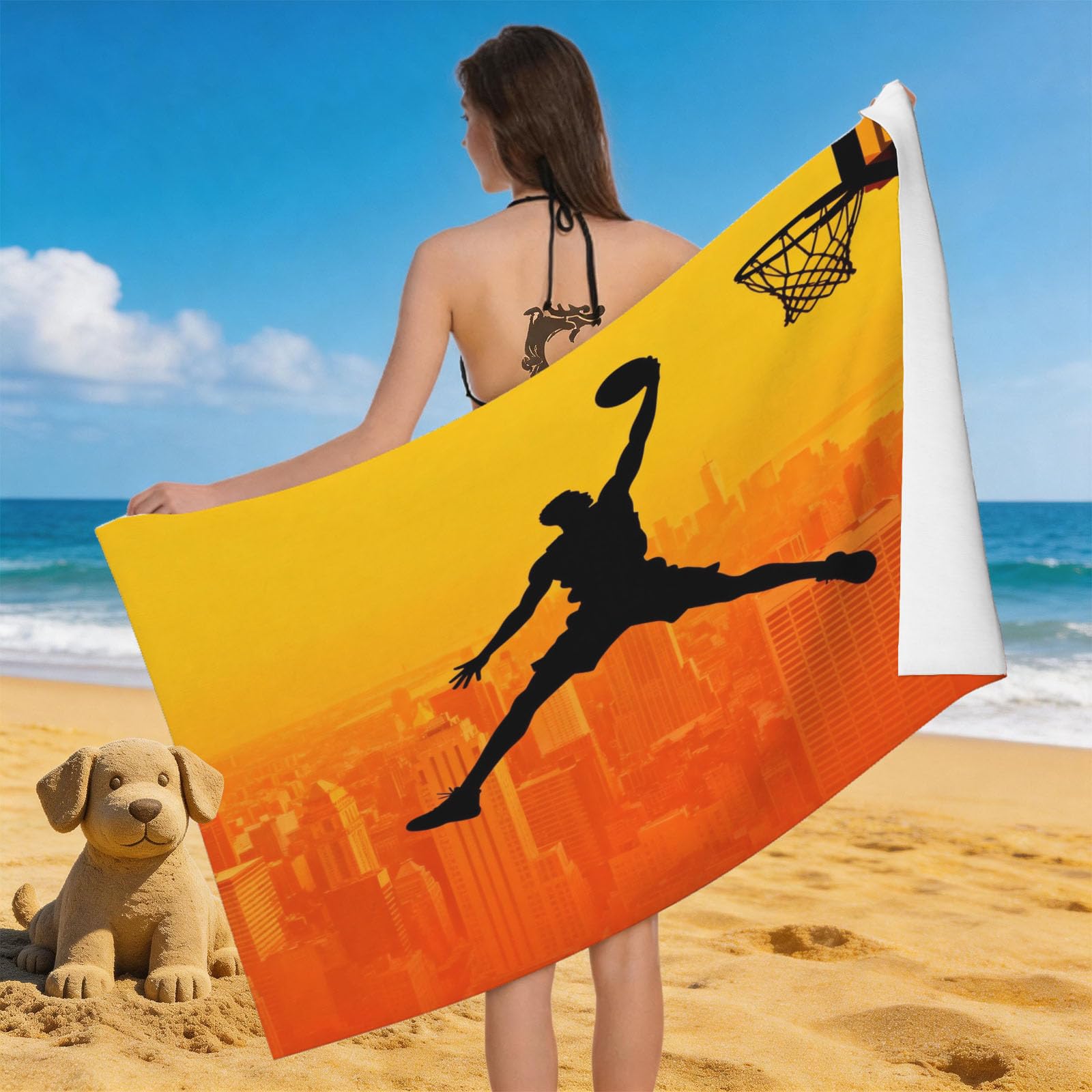 Leichong 3D Basketball Dunk Beach Towel Microfiber Soft Quick Dry for Adults, Street Basketball Bath Towel Lightweight Soft Absorbent for Travel Swimming Pool Sports, 75 x 150 cm