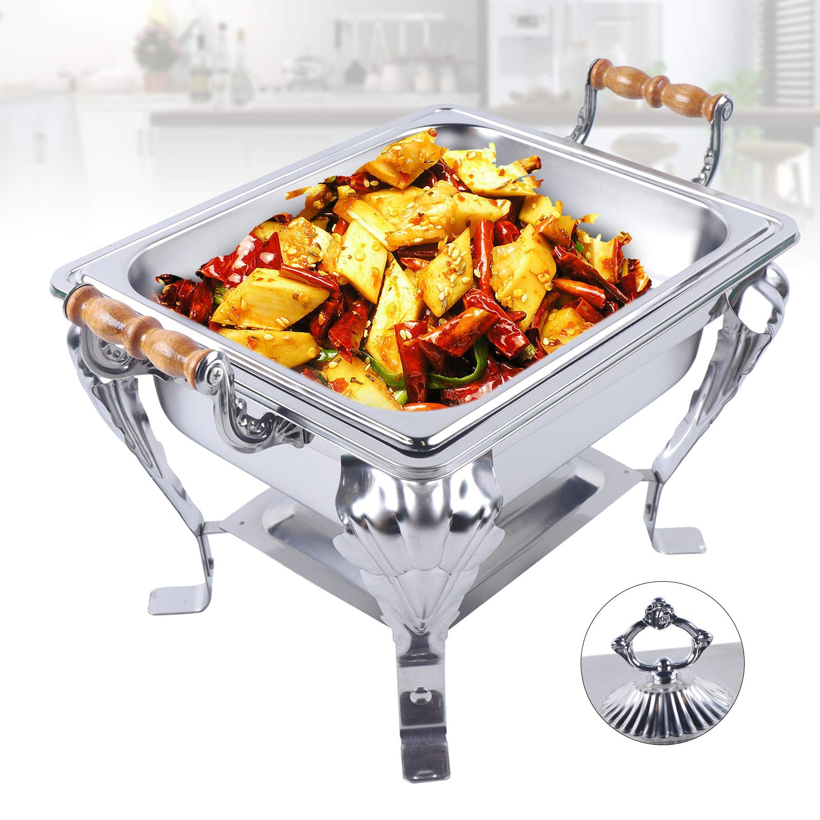 Chaffing Dish Essgeschirr Buffet Set, Edelstahl isolierter Behälter, Chaffing Dish Lebensmittelisolierung mit Holzgriff, Für Buffet Party Speisenwärmer Chafing Dish Catering Warmhaltebehälter