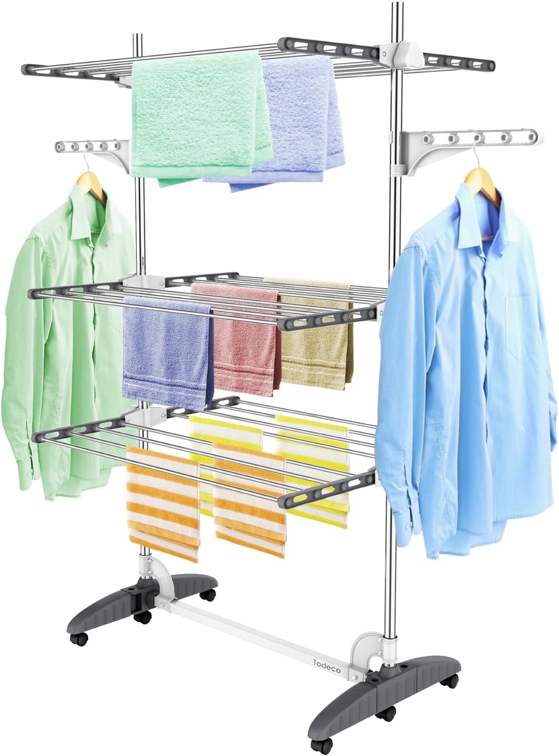 Todeco Foldable Clothes Airer Tower 3 Levels Stainless Steel Tubes Tower Dryer with 6 x Wheels Wings, Mobile Tower Clothes Airer for Balcony Living Room Laundry Room Bathroom Grey