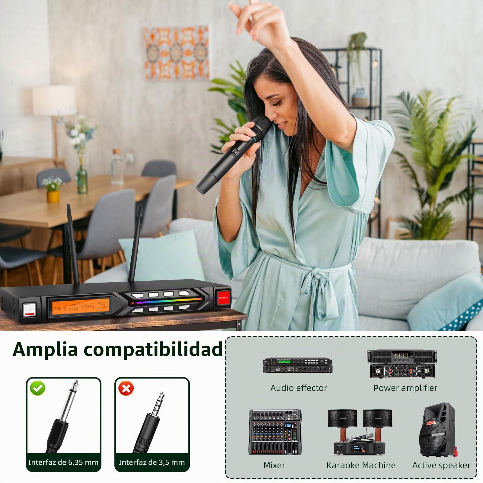 Depusheng Micrófono inalámbrico R7 equipado con dos micrófonos portátiles dinámicos y receptor, con un rango de recepción de 80 metros, adecuado para escenarios de conciertos de karaoke