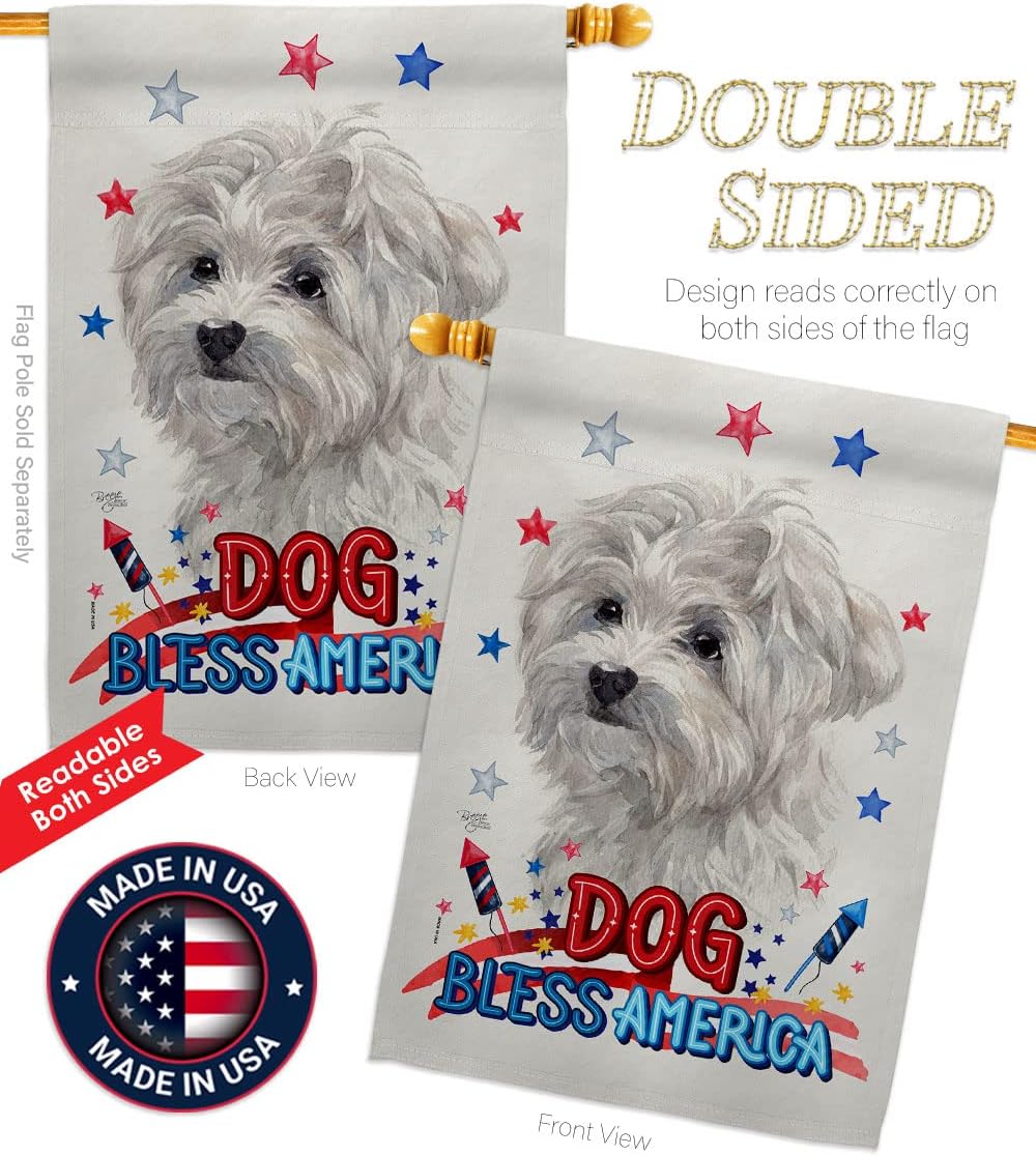 Breeze Decor Patriotic Maltese House Flag Dowel Set Dog Puppy Spoiled Paw Canine Fur Pet Nature Farm Animal Creature Decoration Banner Small Garden Yard Gift Double-Sided, Made in USA