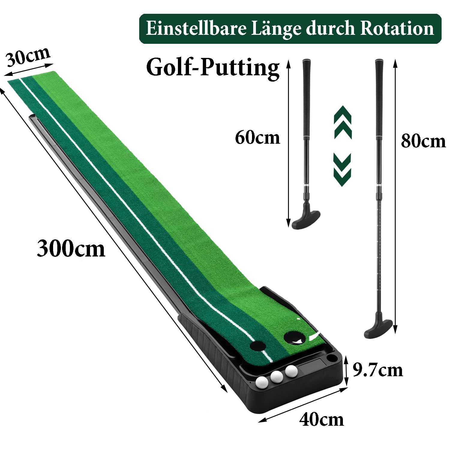 yabymy Golfmatte Puttingmatte, Golf Auto Rückkehr Puttingmatte, Golf Putter und 3 Golf Bälle Golf Übungsmatte, 300cm Indoor Outdoor Putting Trainer Matte Golfübungsgeräte für zu Hause Büro Gym