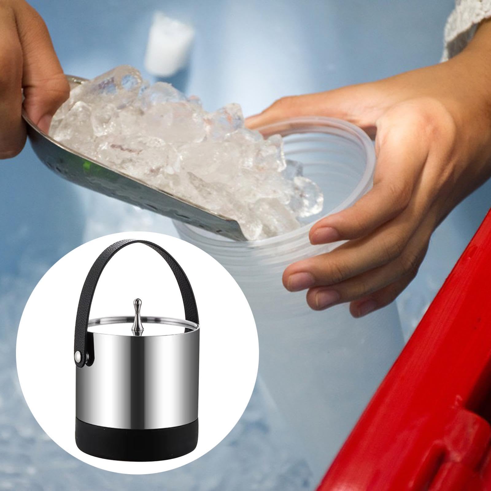 MERIGLARE Cubitera Cubo para Champán Enfriador de Bebidas Recipiente Metálico de Acero Inoxidable con Asa Y Tapa Aislante Adecuado para Fiestas Y Bares, Mango de Cuero Pu, tal como se describe