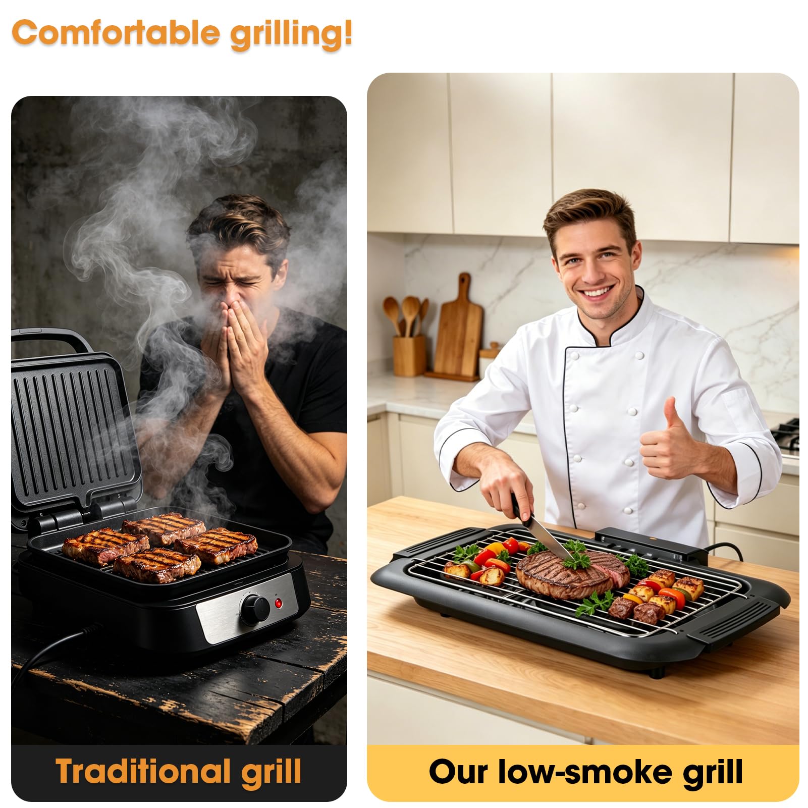 2000W Griglia Elettrica, 6 Livelli Controllo Temperatura Fino 350°C, Bassa Emissione Fumo Altezza Regolabile Barbecue Elettrico per Feste Giardino Campeggio Celebrazioni Familiari