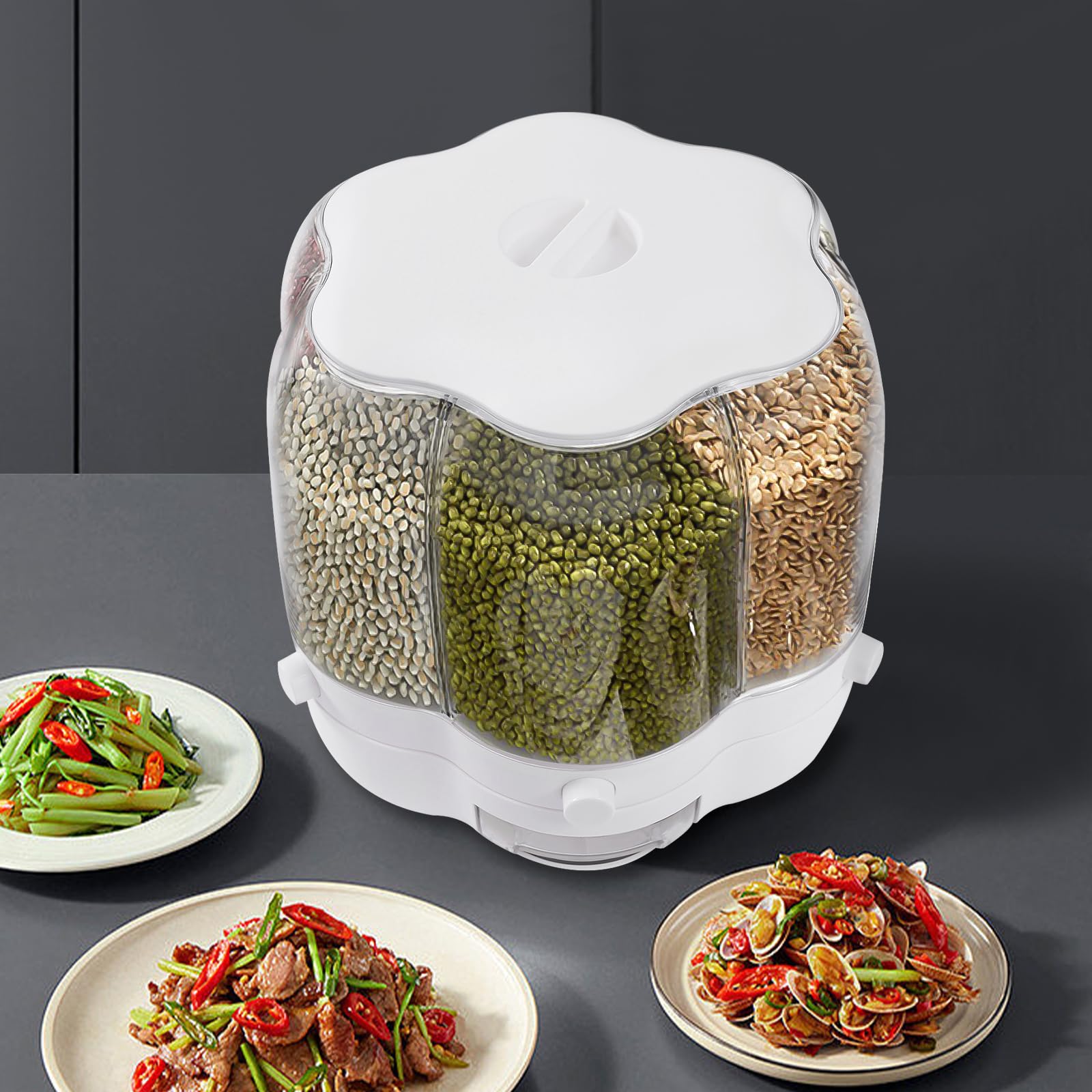 Dispenser girevole per cereali, 6 scomparti, girevole a 360°, trasparente, per farina di riso e noci in cucina e dispensa