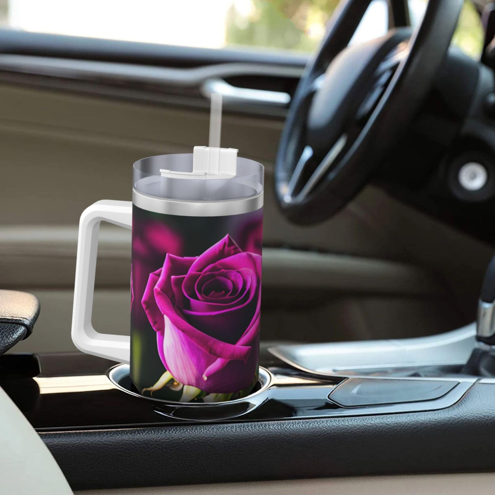 Purple Roses Ice Bully Wasserflasche aus Edelstahl, doppelwandig, isoliert, mit Griff und Strohhalm-Deckel, 1,2 l
