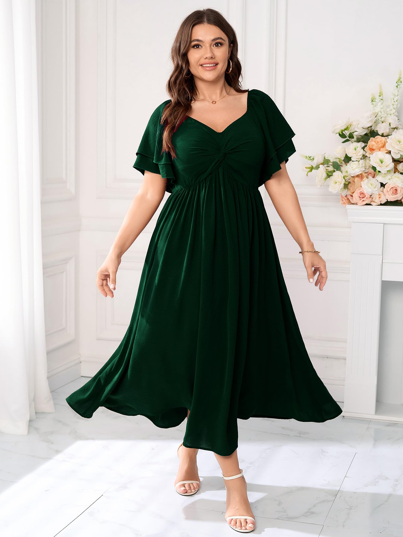 SCOMCHIC Damenkleid in Übergröße, Kleid für Hochzeitsgäste, Cocktailkleider, Sweetheart-Ausschnitt, Rüschenärmel, A-Linie, Maxikleid