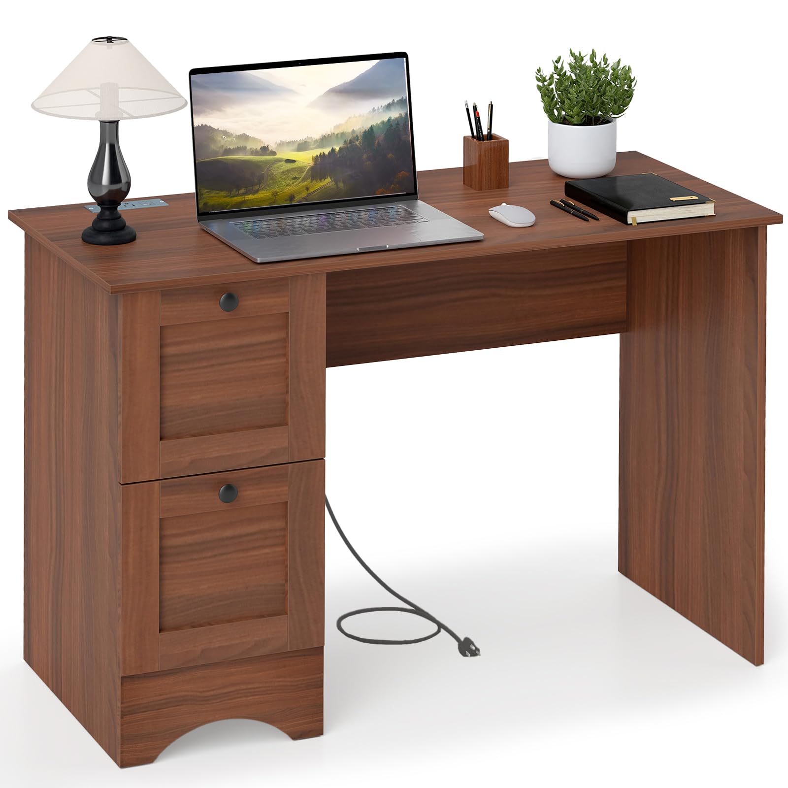 IFANNY Vintage Computer Desk with Drawers, Wooden PC Table with Power Outlet, Work Table with Storage for Home Office, Small Writing Desk for Small