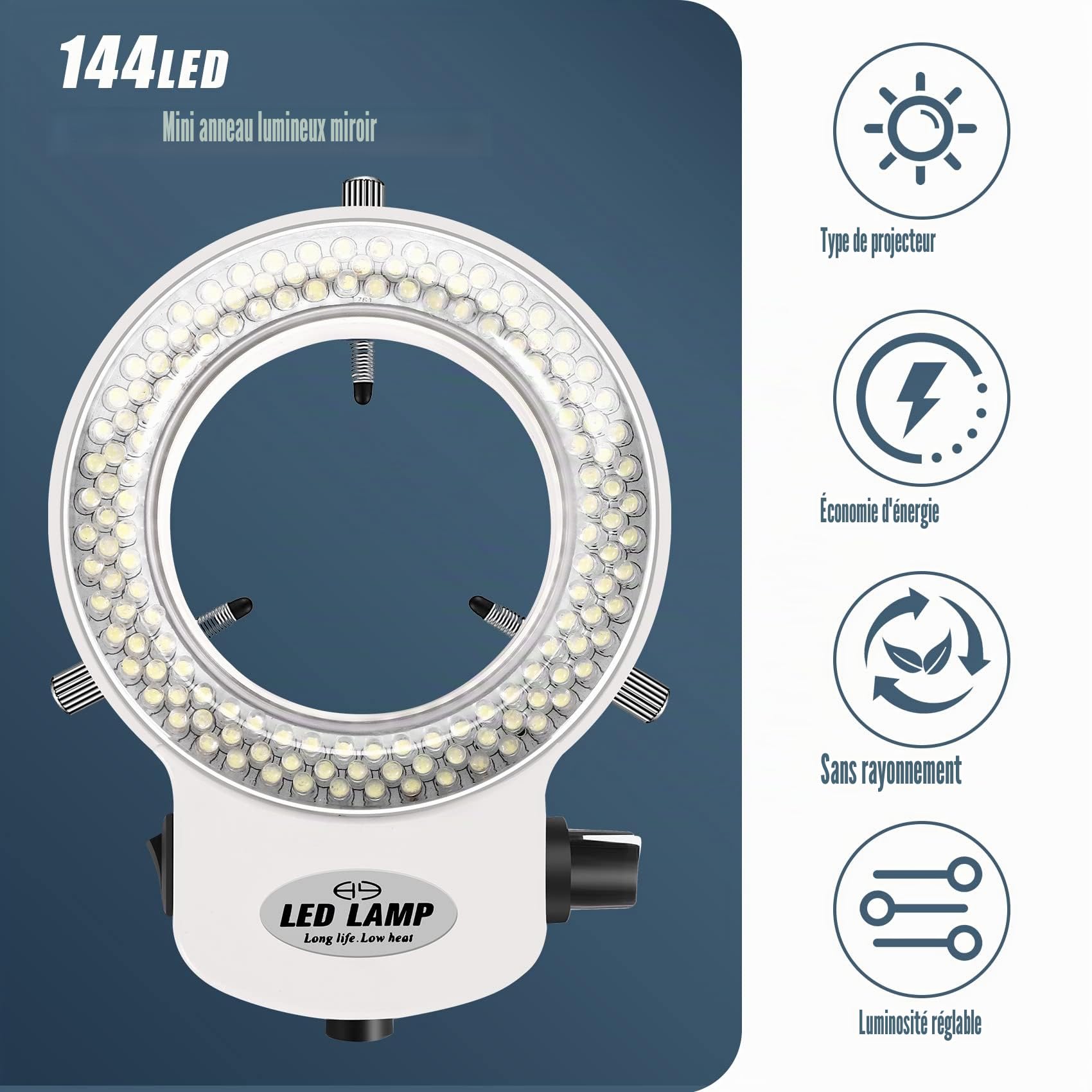 Anneau Industriel 144 pour Microscope Optique - Source Lumineuse 6000 K - Luminosité réglable de 0 à 100% (Prise européenne - Blanc)