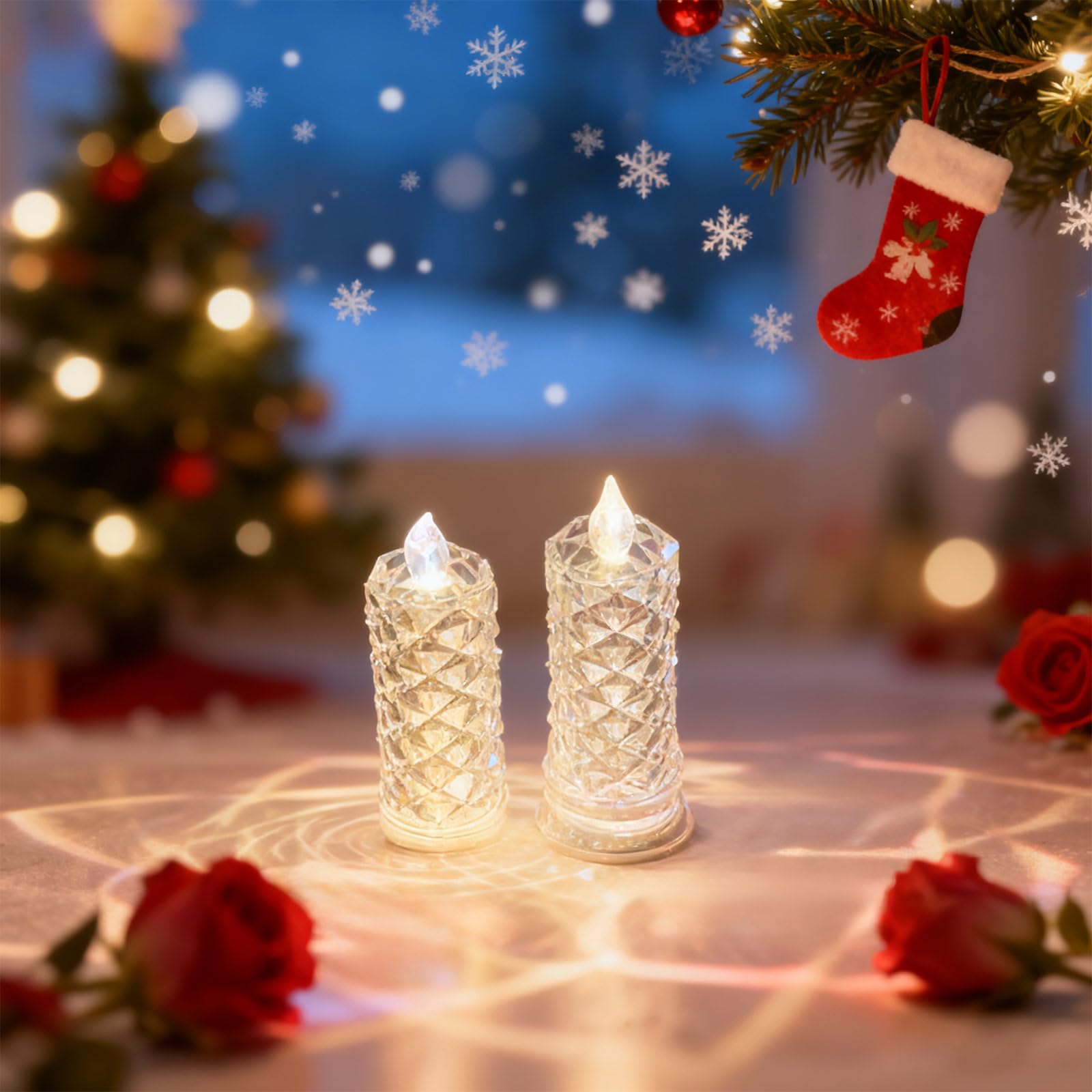Kouamor 2Pcs 6.3*18.3Cm Led Crystal Candle Lights, Rose Shadow Led Flameless Candles, Realistic Led Fake Candles, Battery Operated Romantic Glow Candles For Christmas Wedding Valentines Anniversary Decor (2Pcs)