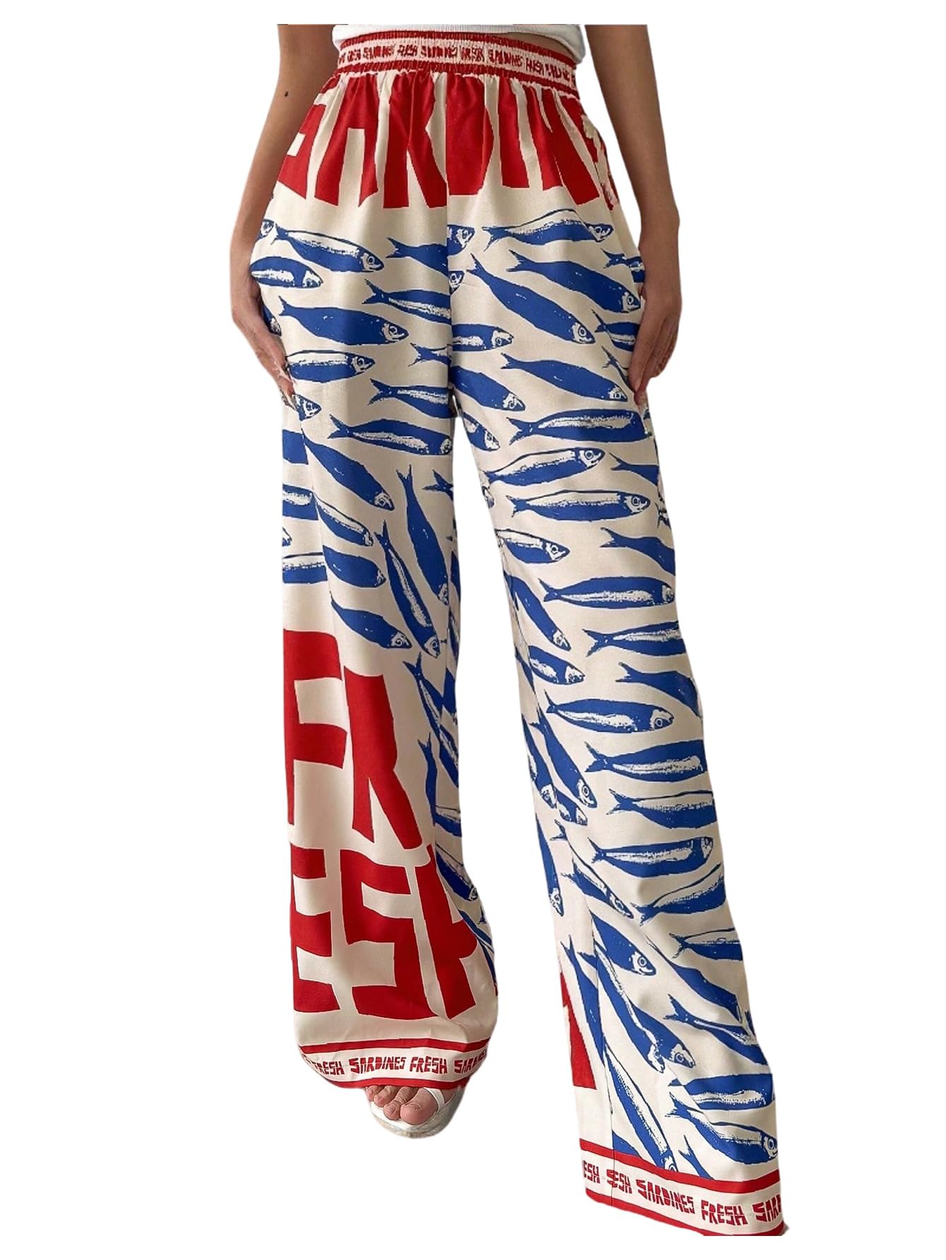 MakeMeChic Womens Boho Fish Print Wide Leg Pants Elastic Waist Loose Fit Trousers with Pockets