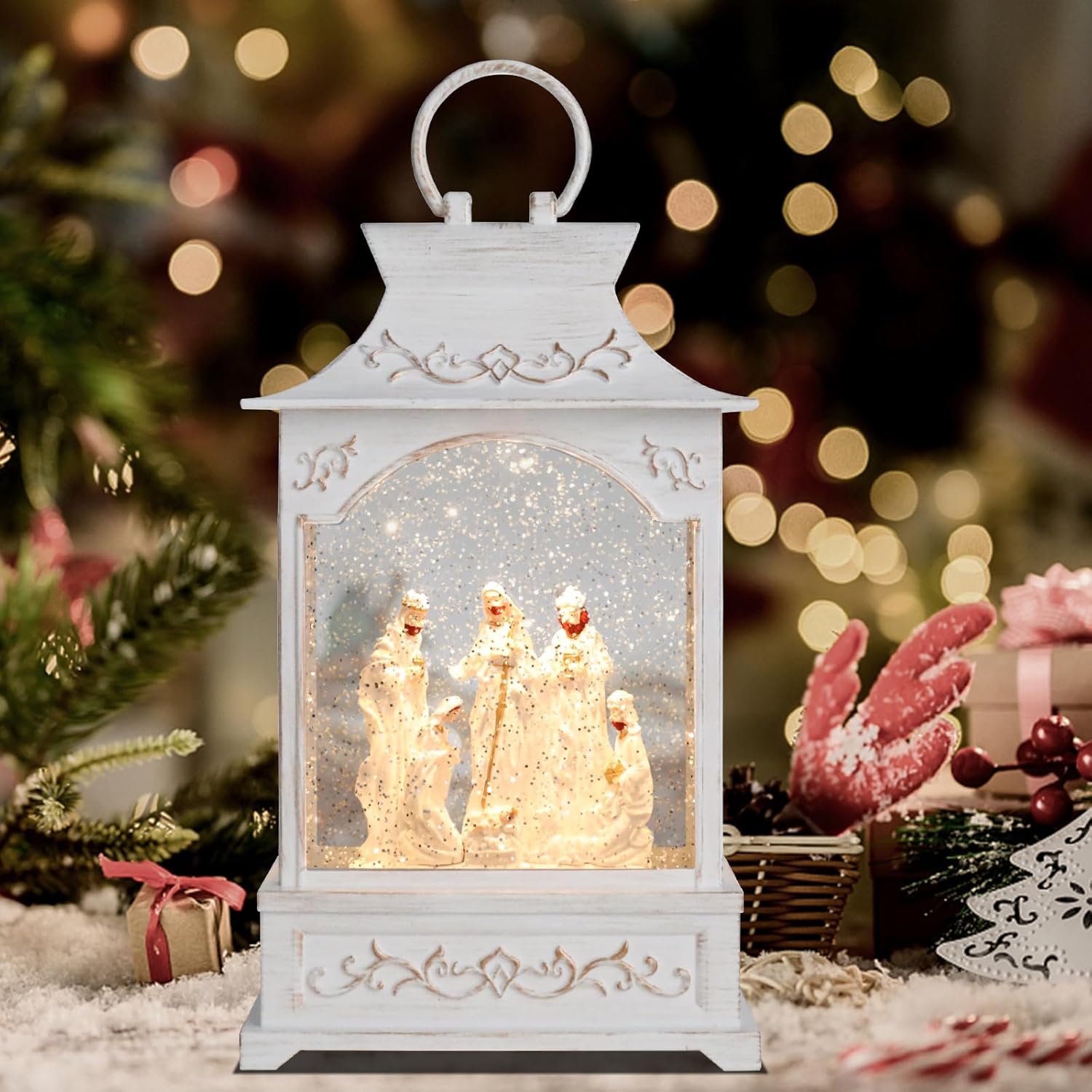 MUMTOP Christmas Lanterns-Lighted Christmas Snow Globes - White Nativity Scene Musical Snow Globe with Swirling Glittering and Battery Operated LED Light Christmas Home Decor