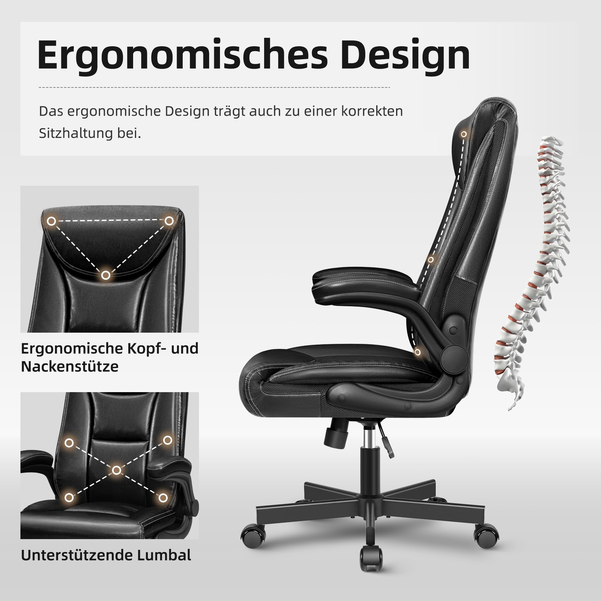 Fotel szefa, ergonomiczne krzesło biurowe z błyszczącej skóry PU, wysokie oparcie, 150 kg, krzesło do biurka z funkcją przechylania, do gabinetu, czarny