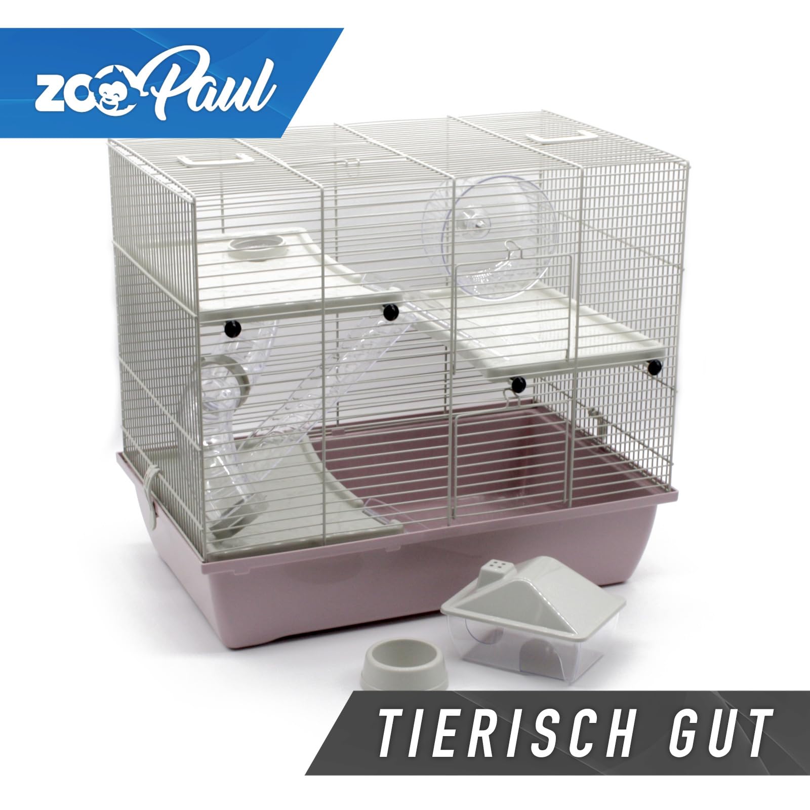 ZooPaul Nagerkäfig Hamsterkäfig Deluxe Pastel in Grau Pink inkl. Zubehör für Kleintiere Nager Hamster 45x50x33cm