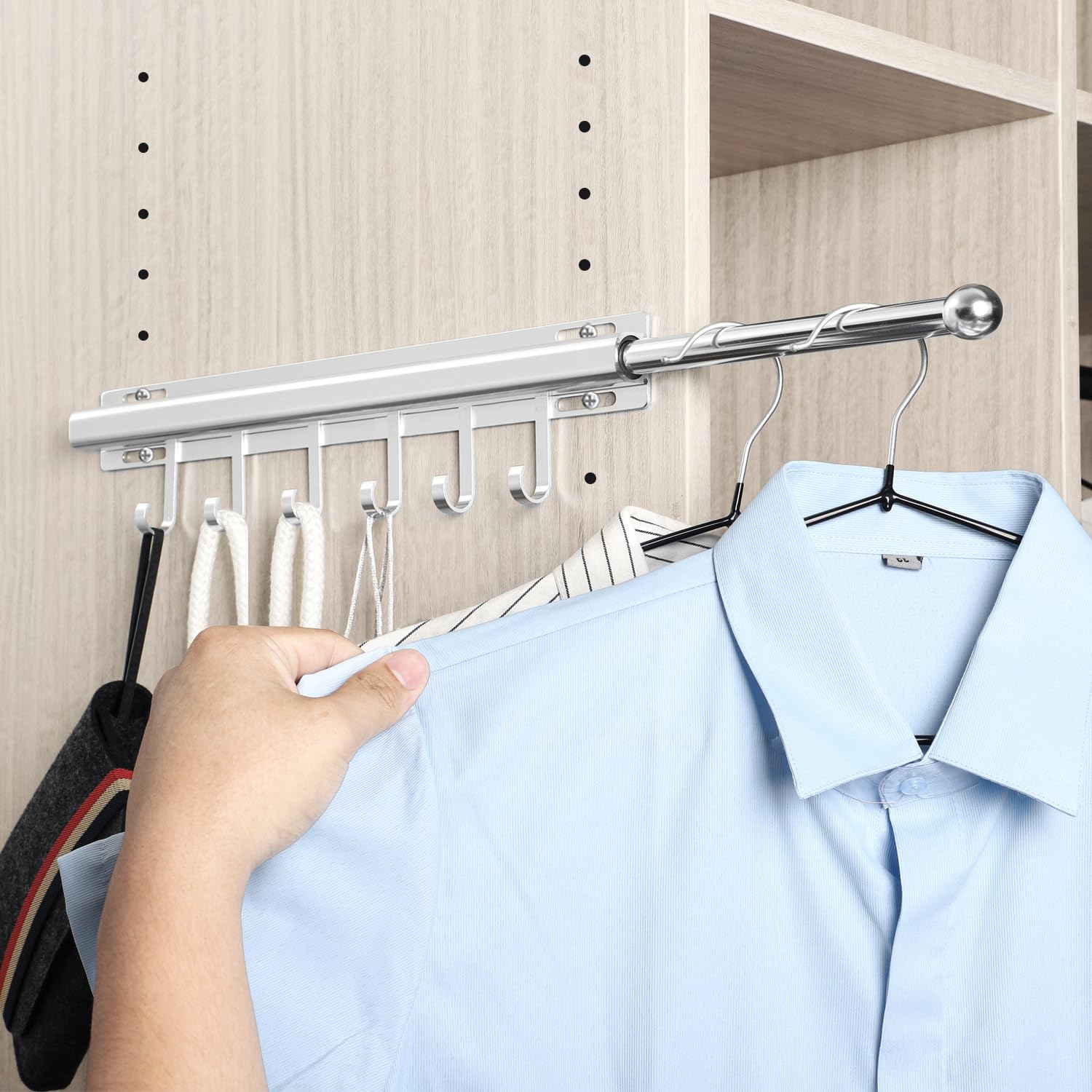BaiNong Valet Rod for Closets Pull Out 16.5" Silver with 6 Hooks