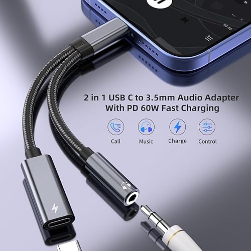 Miniatura 9 de Adaptador de auriculares Samsung Galaxy S23, adaptador de audio USB C 2 en 1 a 0.138 in y adaptador de carga rápida de 60 W compatible con Pixel