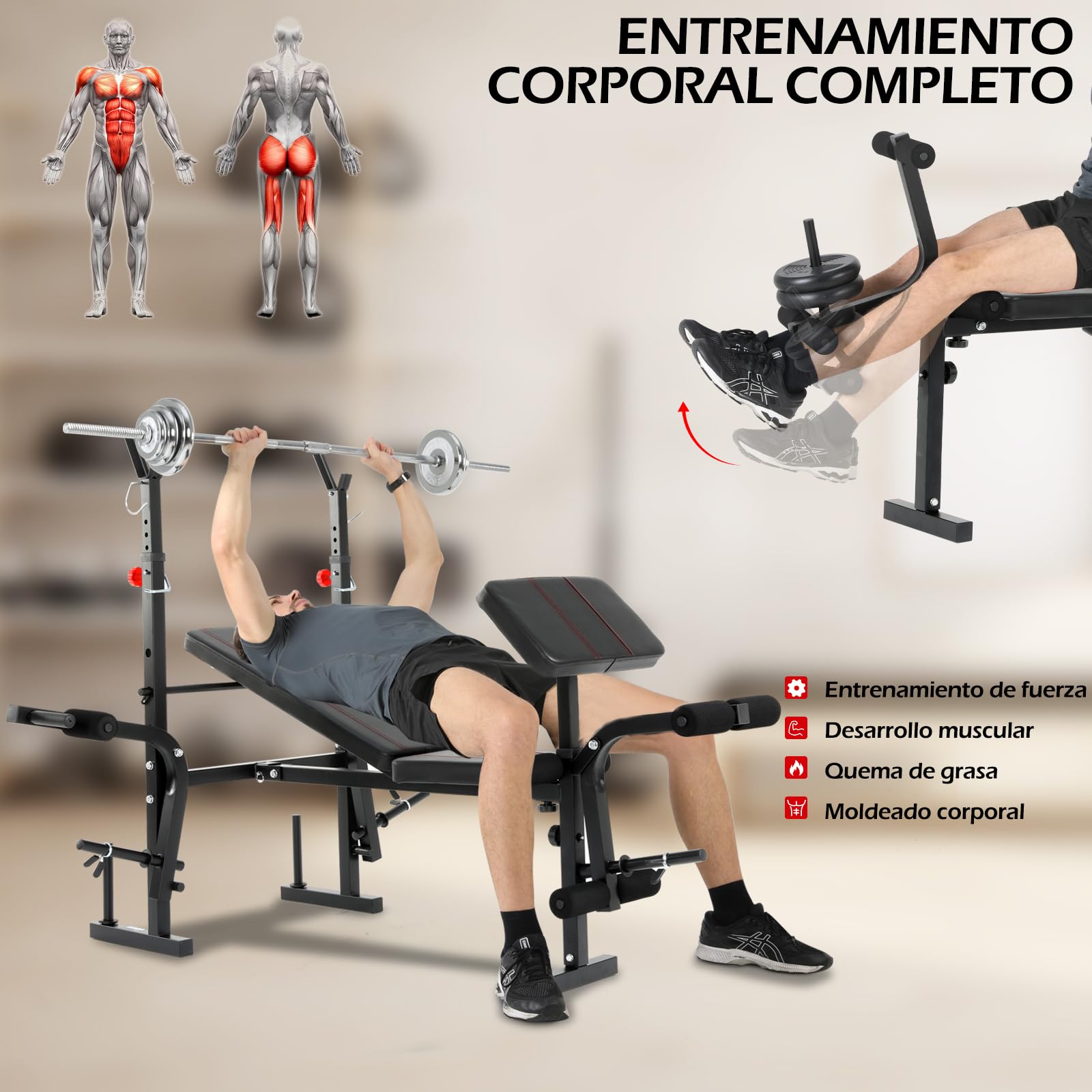 Banco Musculación Plegable, Banco De Musculacion, Press Banca con Soporte para Barra para press de banca, Banco De Pesas Musculación Ajustable con respaldo, soporte para piernas