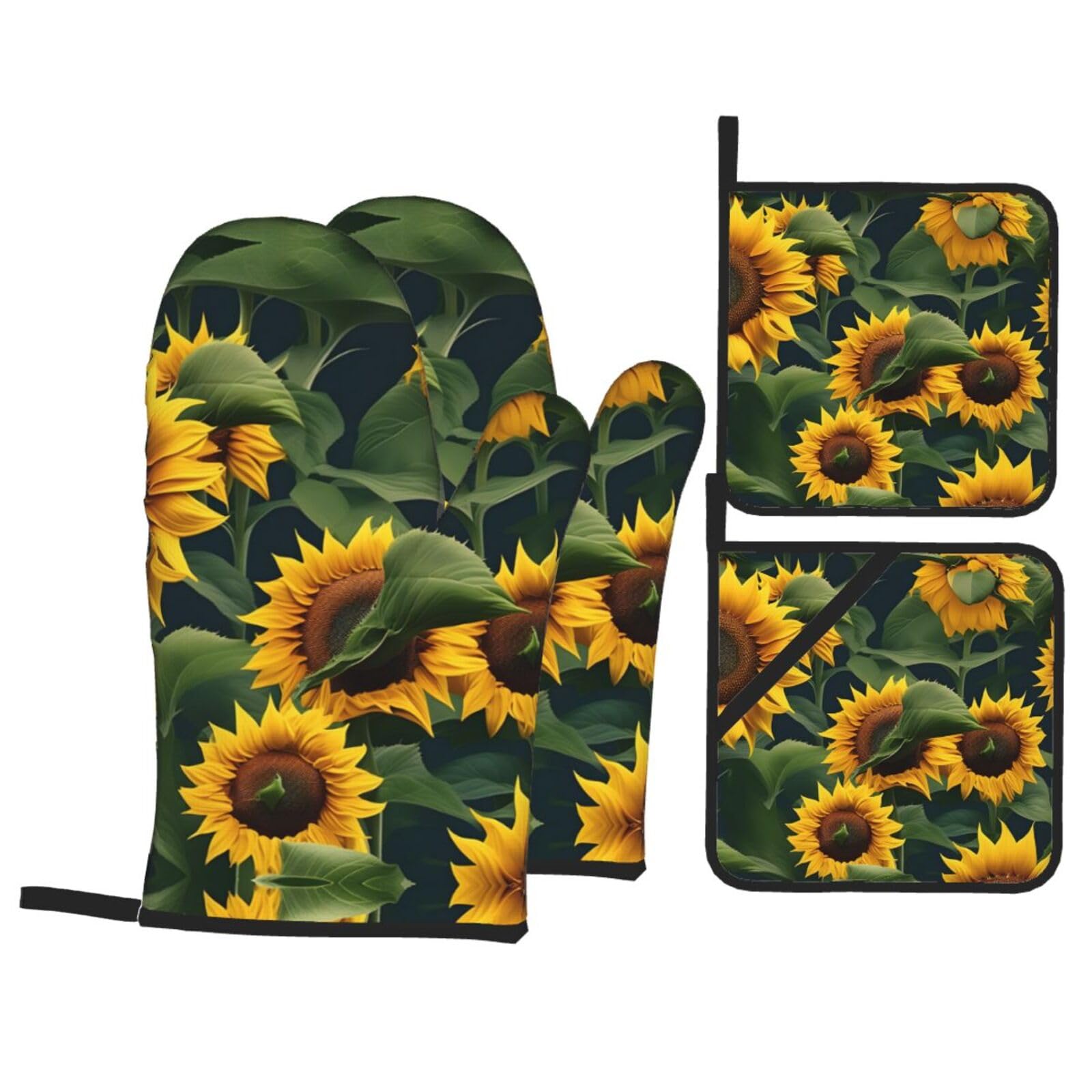 Plants Theme Sunflower Print Oven Mitts,Pot Holders, Heat Resistant Oven Mitts Gloves,Hot Pads for Kitchen Cooking Grill