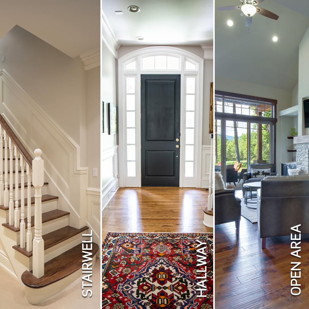 Three images depicting typical multi-location applications: a stairwell, a hallway, and an open living area.