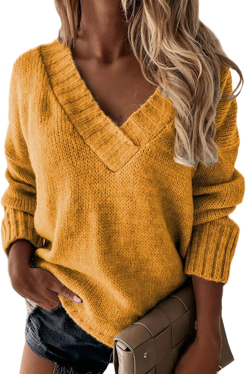 Womens Long Sleeve Cable Knit Sweater Deep V Neck Sweaters Tunic Pullover Tops Loose Fit Jumper Tunic Fall Clothes
