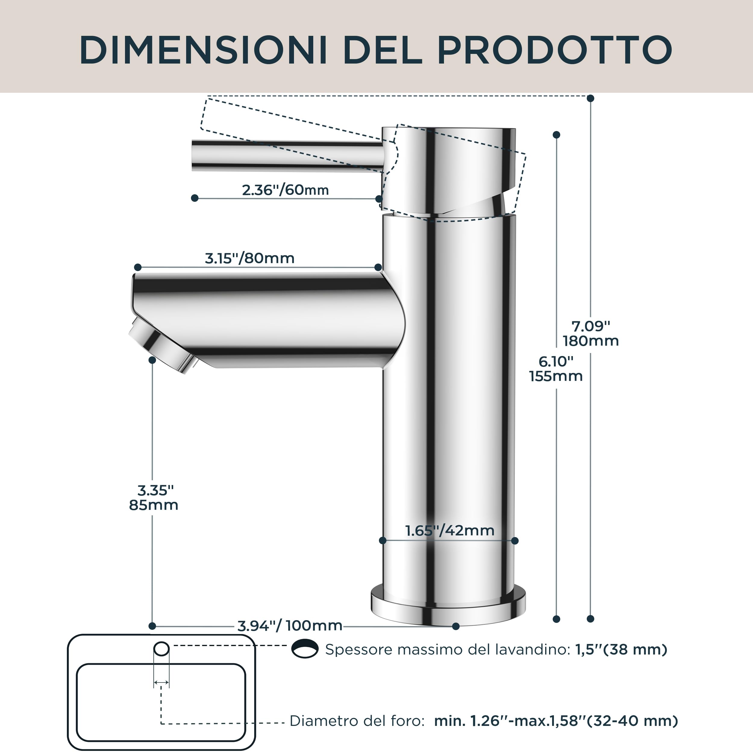 FORIOUS Rubinetto Di Bagno, Miscelatore Per Lavabo In Acciaio Inox Con Altezza Del Beccuccio 85MM, Miscelatore Monocomando Per Acqua Calda E Fredda In Bagno, Cromato