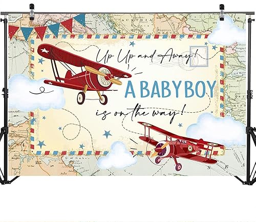 Miniatura 3 de Mocsicka Telón de fondo rojo de avión para baby shower, mapa de aventura de avión vintage, un bebé niño está en camino, fondo de fiesta de baby