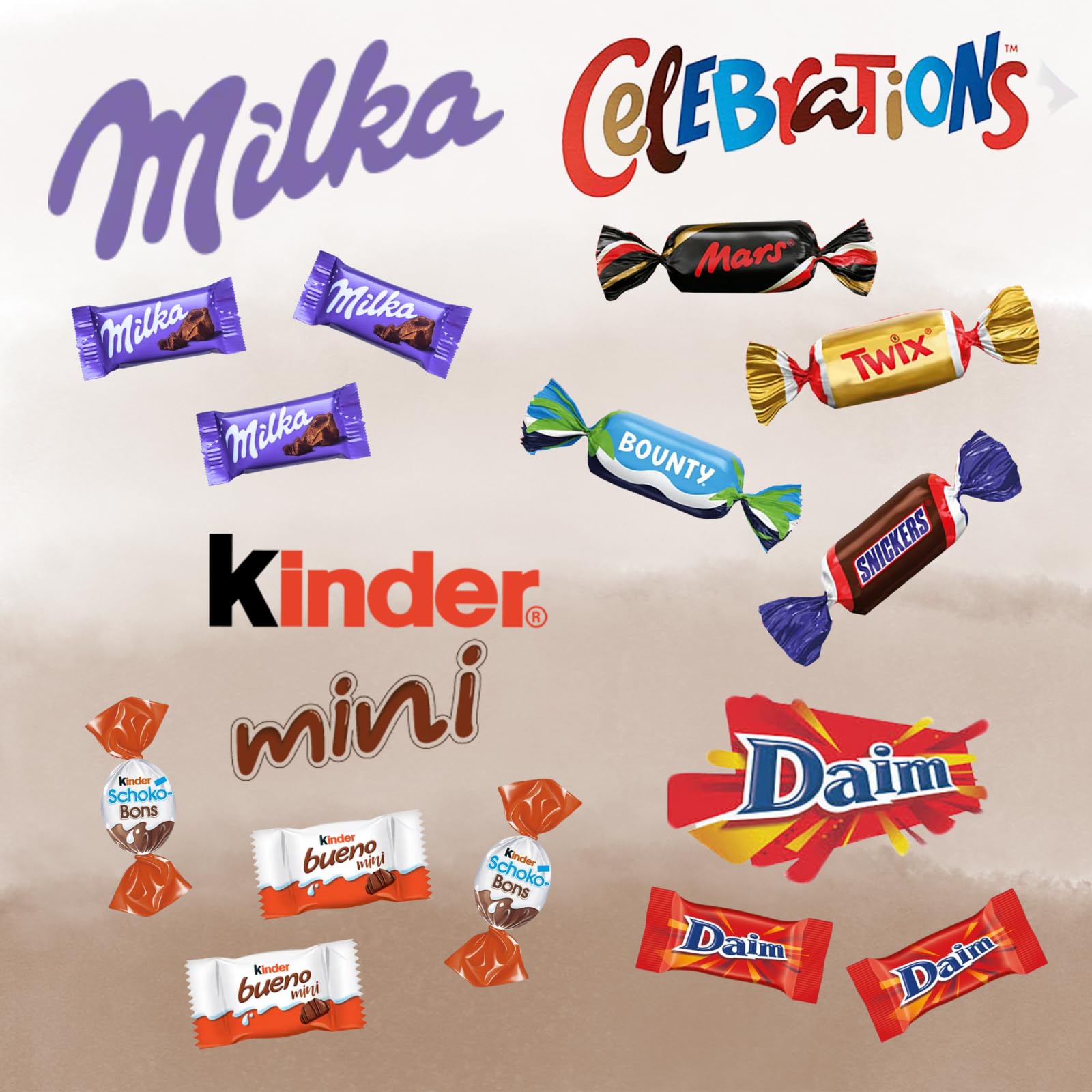 Coffret garni d'un Assortiment de 50 bonbons au chocolat MILKA, KINDER, CELEBRATIONS, DAIM | Dites "MERCI pour cette année" à un Collègue, une Nounou, un Enseignant, une Atsem