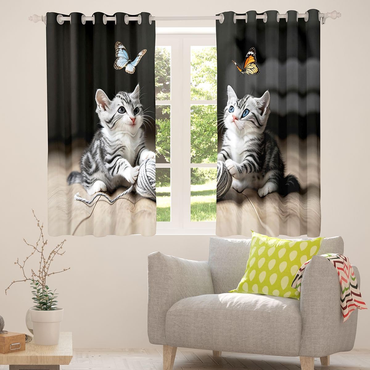 Lot de 2 rideaux de fenêtre Kawaii chat pour adultes et enfants, taille XL, aquarelle, papillon, impression 3D, animaux de compagnie, bons rideaux occultants sur le thème des animaux, 245 x