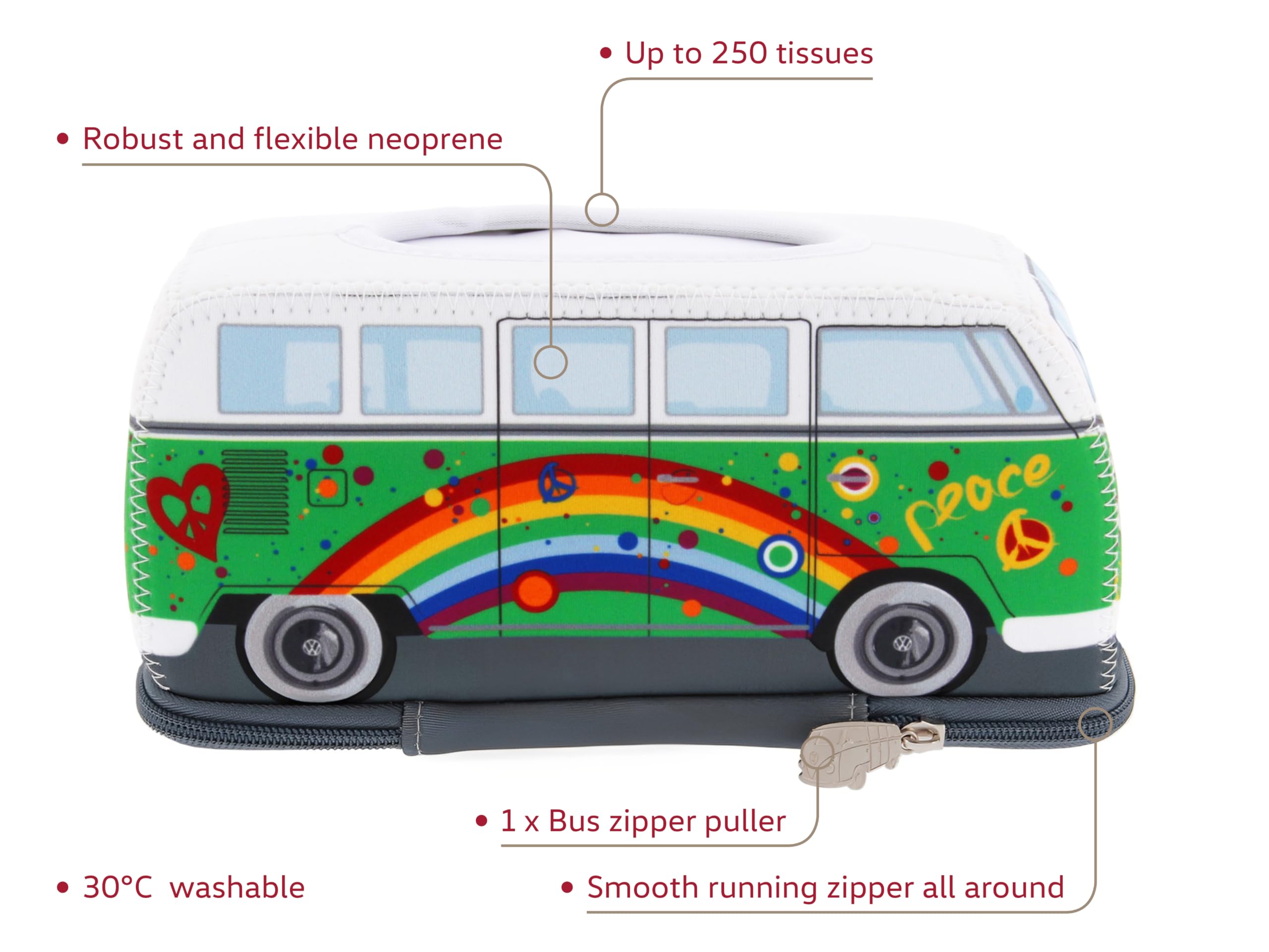 BRISA BUNE203 VW Collection – Volkswagen neoprenowy dozownik serwetek, papierowych chusteczek do łazienki, wzór T1 Bulli Bus (Peace/Green)
