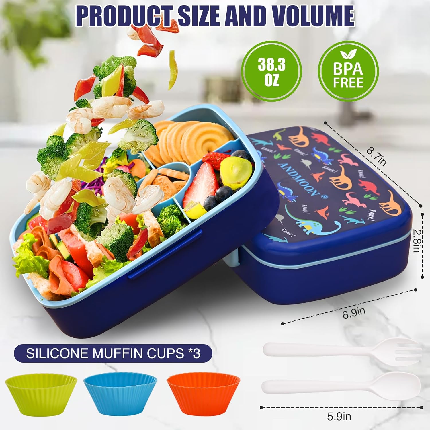 Bento Box for Kids Lunch Box Leak-Proof, Bento Lunch Box with 5 Compartments, Lunch Containers with 3 Silicone Baking Cups, Microwave/Dishwasher Safe (43OZ) (Blue with snack cup) - Image 6